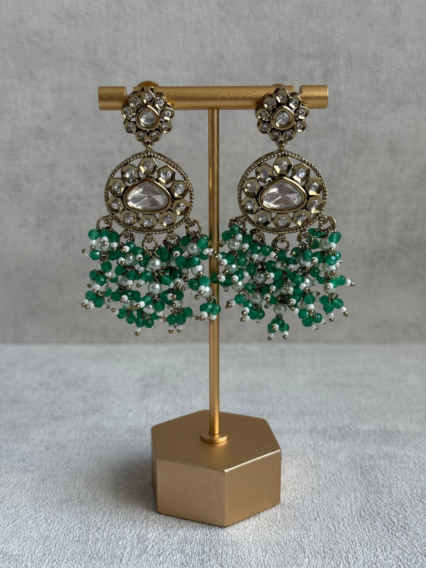 Ayura Designs Sienna Set – Long Layered Necklace & Earrings with Sea Green Beads, Mirror-Cut Kundan & Pearl Detailing