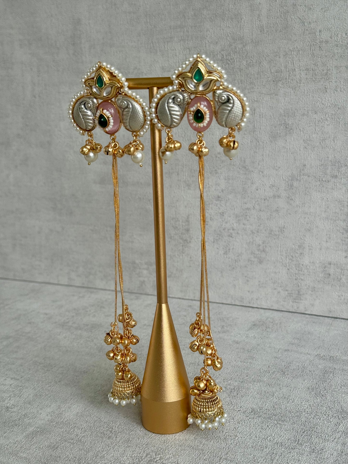 Ayura Designs Sozni Kashmiri Earrings – Meenakari with Blush Pink & Emerald Detailing