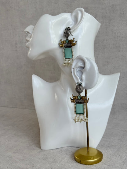 Ayura Designs Khaak Earrings – Oxidised Statement Earrings with Peacock Motifs, Aqua Green Stones & Pearl Clusters