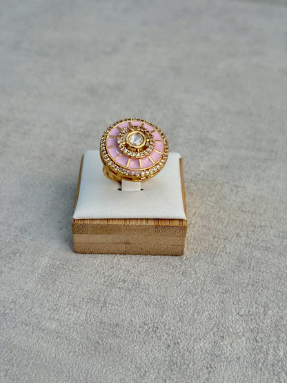 Ayura Designs Maisie Adjustable Ring – Blush Pink Enamel with Crystal Border & Moissanite Centre