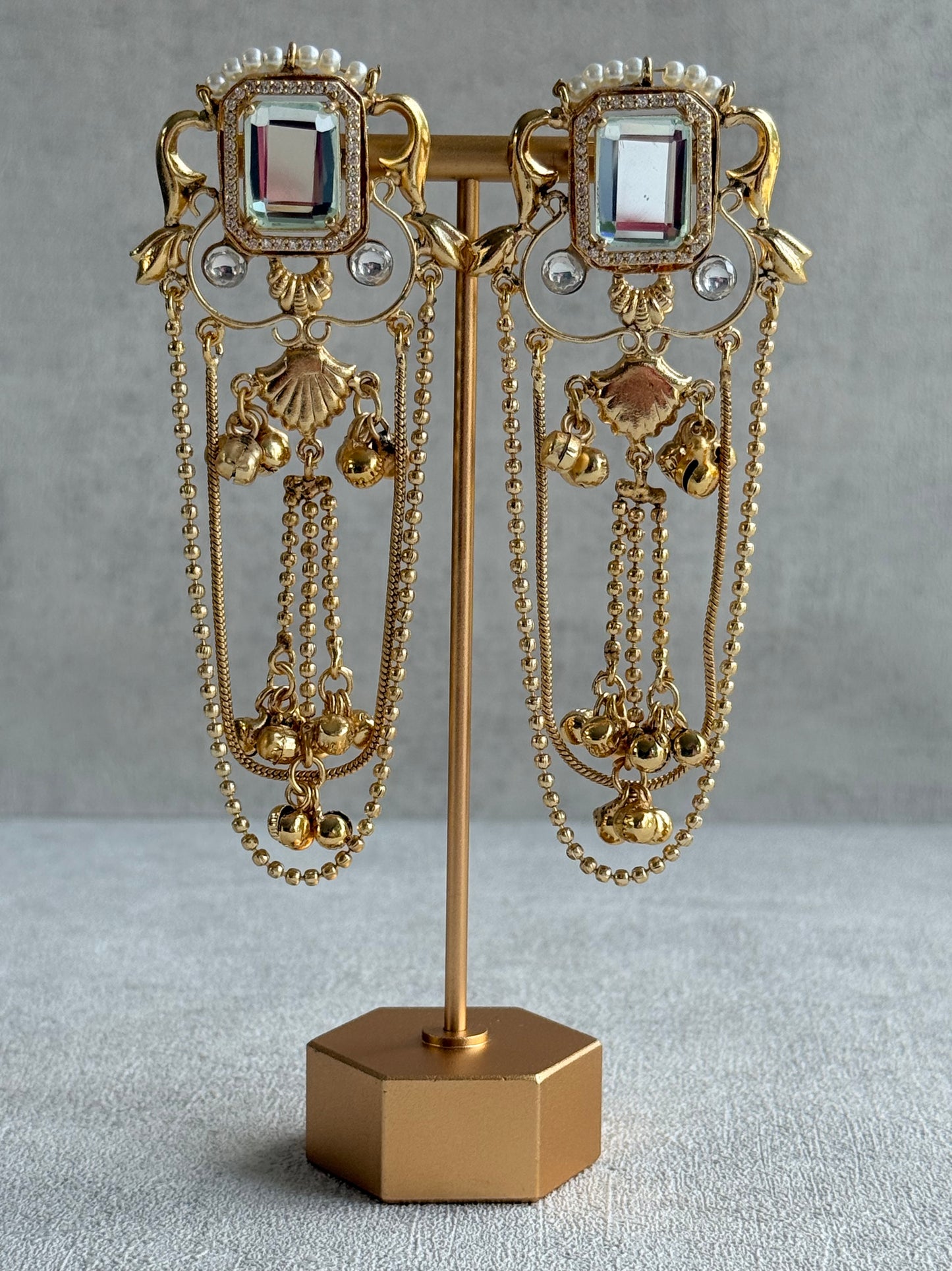 Ayura Designs Jaid Earrings – Crystal Floral Motif with Layered Chains & Ghungroos