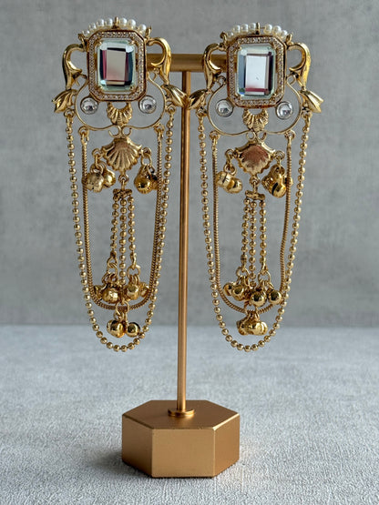 Ayura Designs Jaid Earrings – Crystal Floral Motif with Layered Chains & Ghungroos