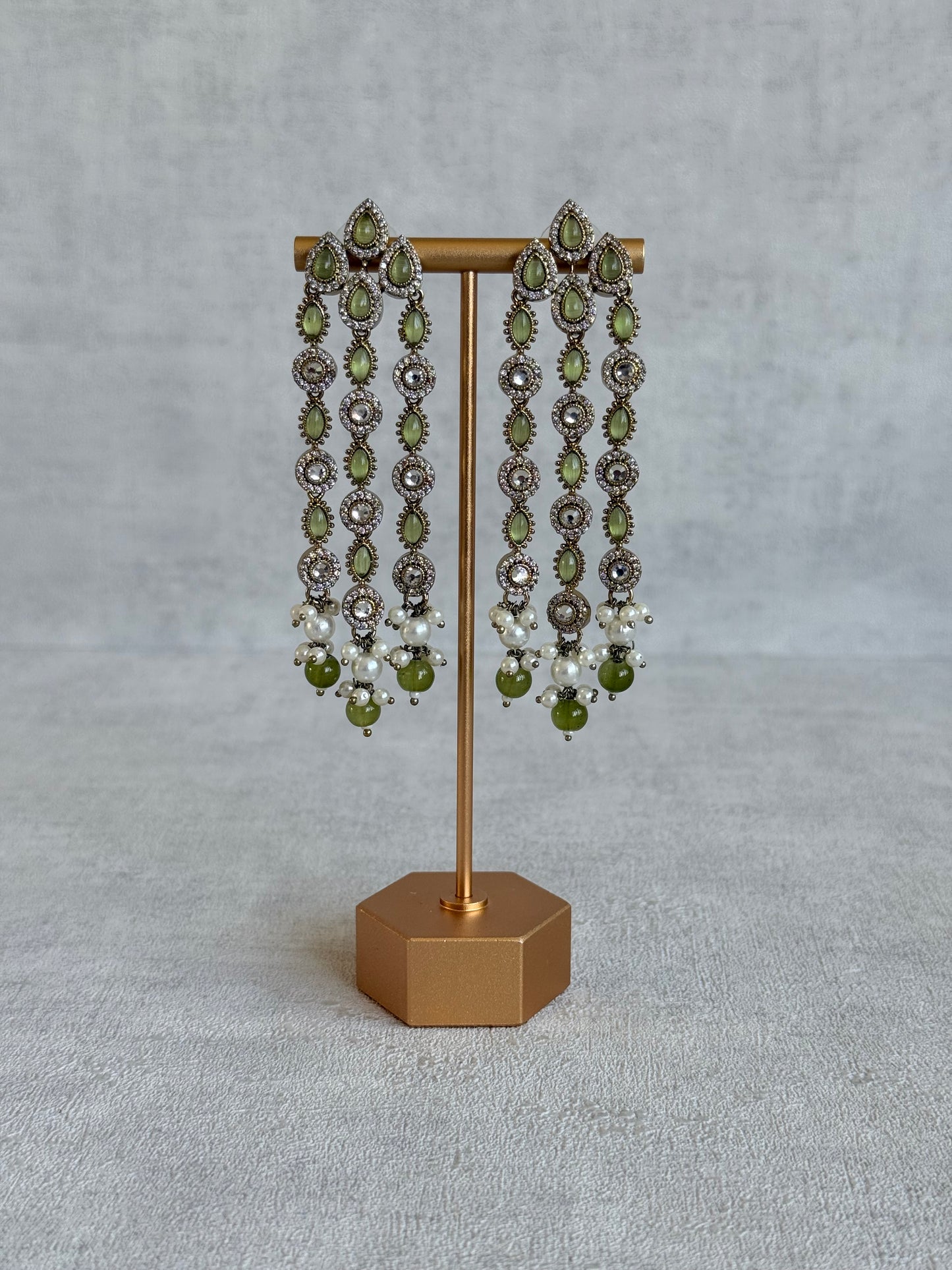 Ayura Designs Emilia Earrings – Gold Triple Strand Statement Earrings with Olive Green Stones & Pearl Drops