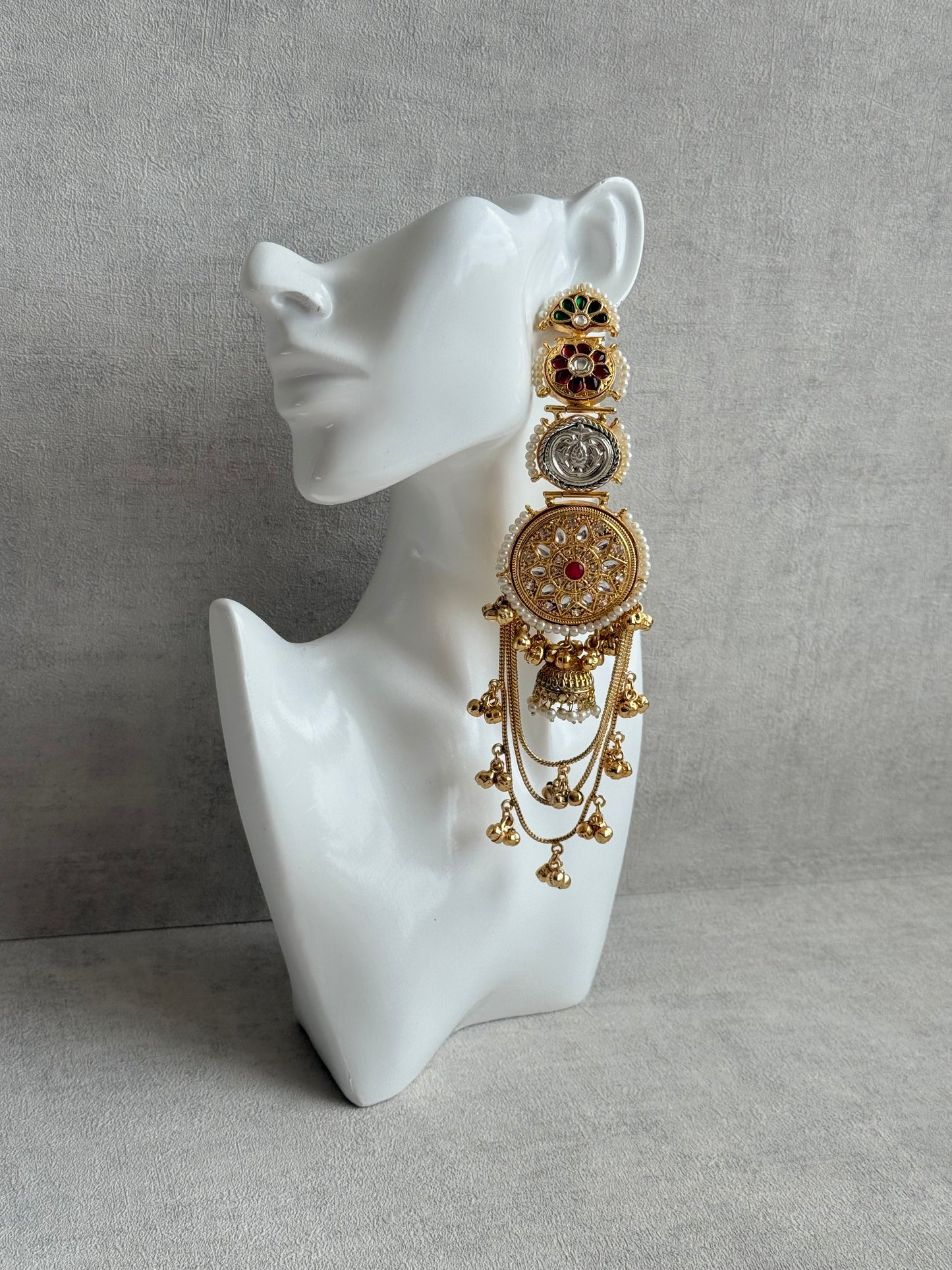 Ayura Designs Zeenia – Statement Kashmiri Earrings with Pearl Borders, Jhumki Drops, Multicolour Meenakari & Ghungroos
