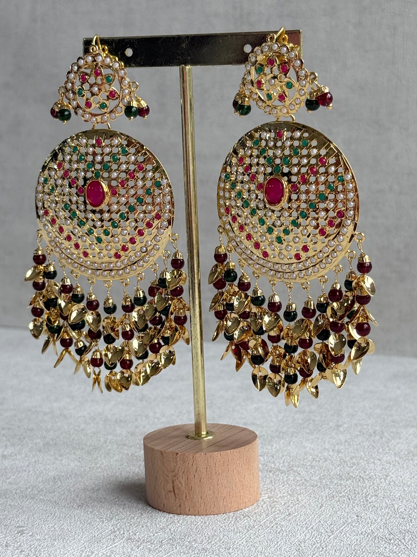 Ayura Designs Seerat Earrings – Rani Pink & Multicolour Gold Pippal Patti Design with Pearls