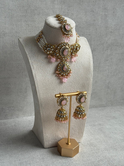 Ayura Designs Muskaan Set – Choker, Jhumkis & Tikka with Blush Pink Beads, Kundan Stones & Antique Gold Finish