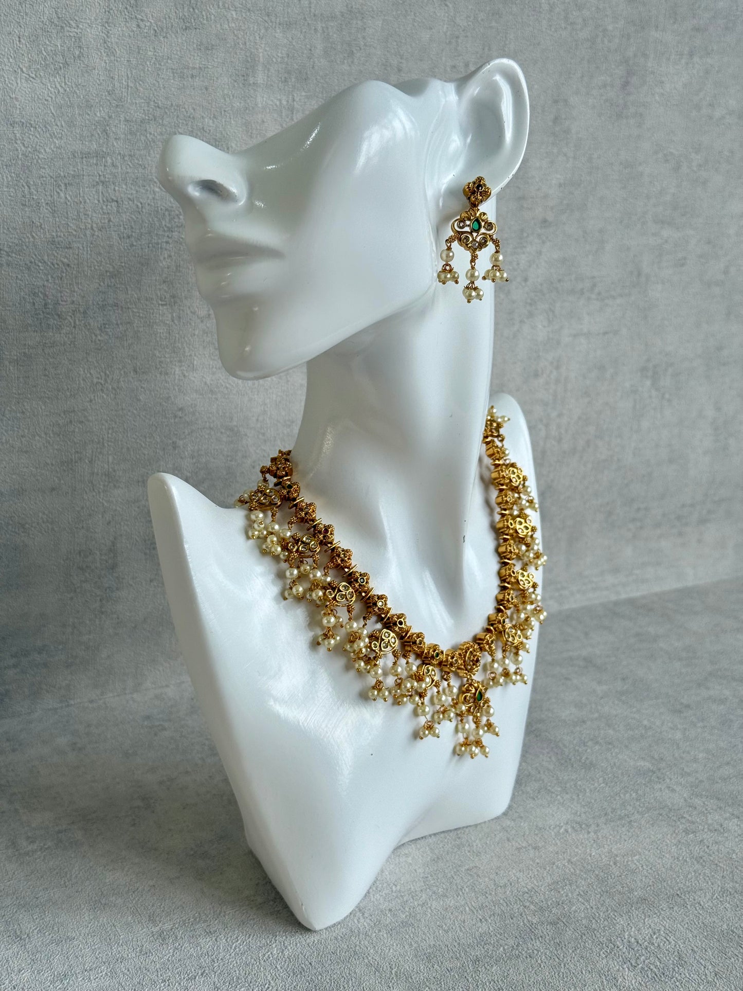 Ayura Designs Ilaa Set – Necklace & Earrings with Pink & Green Stone Accents, Pearl Drops & Antique Gold Finish