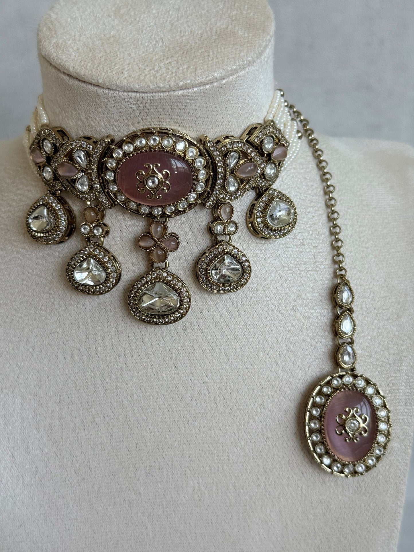 Ayura Designs Myra Choker Set with Earrings & Tikka – Blush Pink Kundan & Pearl Detailing