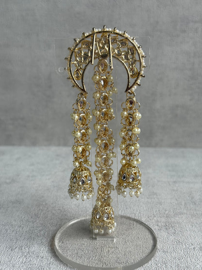 Ayura Designs Enjal Hair Brooch – Crescent Polki Design with Jhumki Tassels & Pearl Detailing