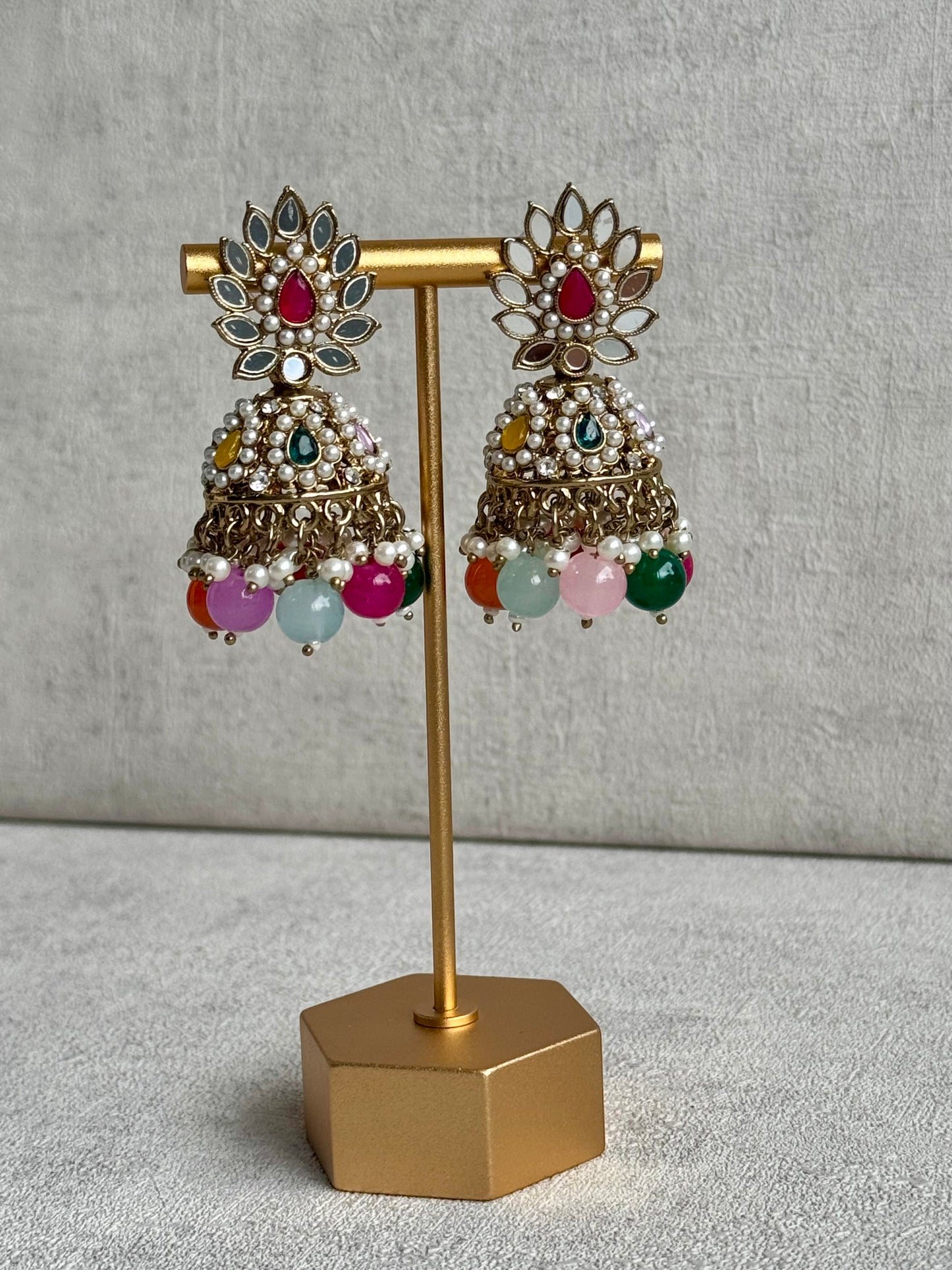 Ayura Designs Aanya Set – Multicolored Kundan Necklace with Mirror Work Jhumkis & Tikka