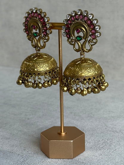 Ayura Designs Moraya Jhumkis – Berry Pink Peacock Motif with Antique Gold Detailing
