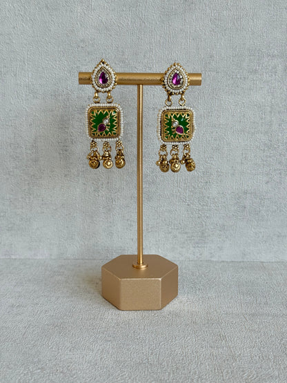Ayura Designs Inira Drop Earrings – Emerald Green Enamel Bird Earrings with Rani Pink Kundan & Ghungroo Drops
