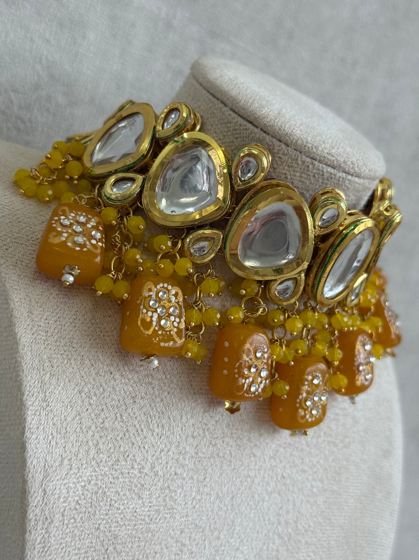 Ayura Designs Gyan Set With Choker And Earrings – Kundan Stones And Mustard Yellow Meenakari Drops