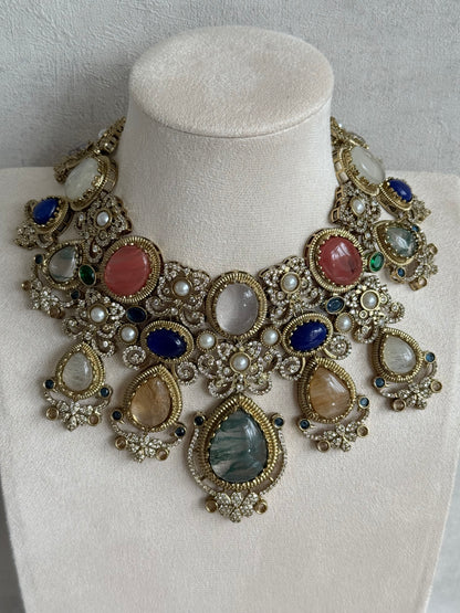 Ayura Designs Kimmy Necklace Set with Earrings – Statement Multicolour Necklace with Marble Stone Details & Crystal Work