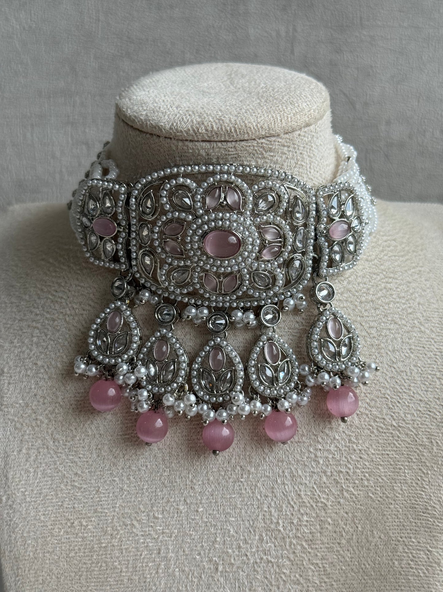 Ayura Designs Zarlish Set – Choker, Earrings & Tikka with Mirror-Cut Stones, Blush Pink Beads & Silver Finish