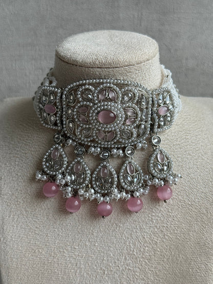 Ayura Designs Zarlish Set – Choker, Earrings & Tikka with Mirror-Cut Stones, Blush Pink Beads & Silver Finish