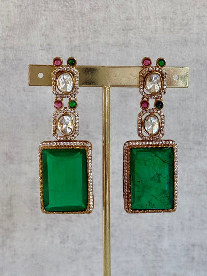 Ayura Designs Clara Set with Earrings & Tikka Emerald Green Moissanite Stones and Antique Gold Finish