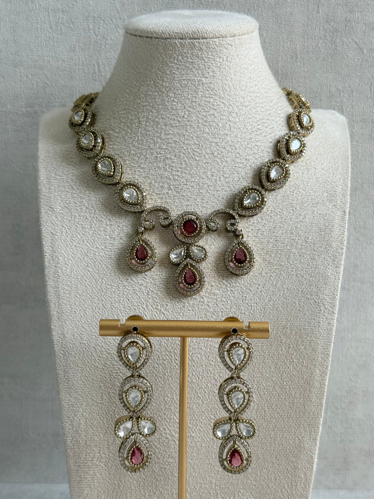 Ayura Designs Bianca Necklace Set with Earrings – Kundan, Ruby Pink Stones, Crystals & Gold Finish