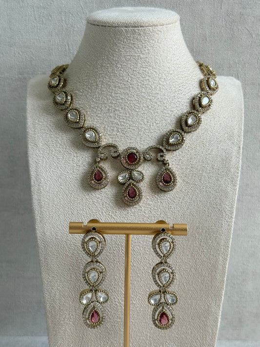 Ayura Designs Bianca Necklace Set with Earrings – Kundan, Ruby Pink Stones, Crystals & Gold Finish