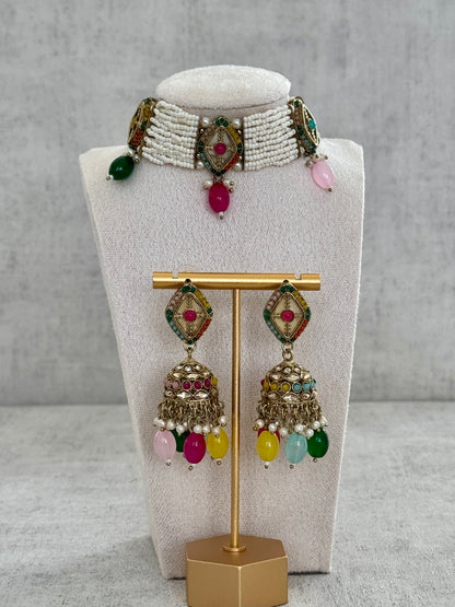 Ayura Designs Ariana Choker Set with Jhumkis – Kundan & Multicolor Beads in Antique Gold