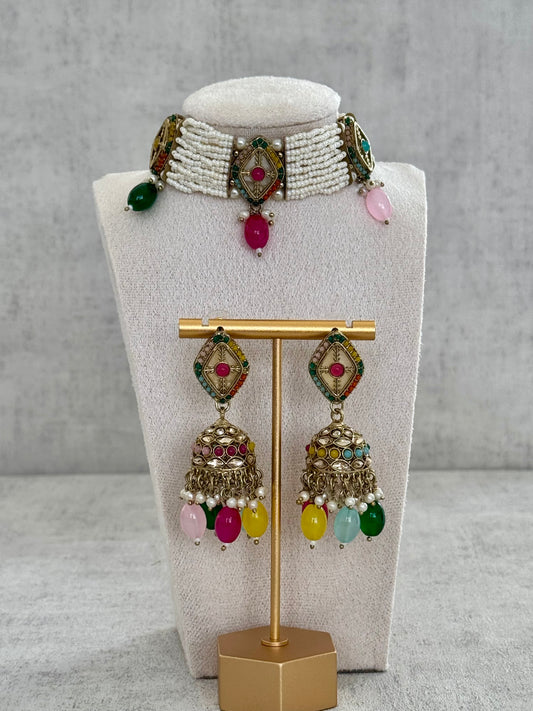 Ayura Designs Ariana Choker Set with Jhumkis – Kundan & Multicolor Beads in Antique Gold