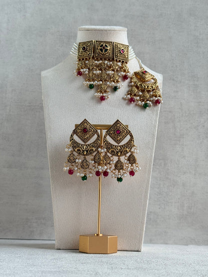 Ayura Designs Samera Choker Set with Earrings & Tikka – Rani Pink & Emerald Green Beads, Pearl Detailing, Green Centre Stone, Floral Motifs & Antique Gold Finish