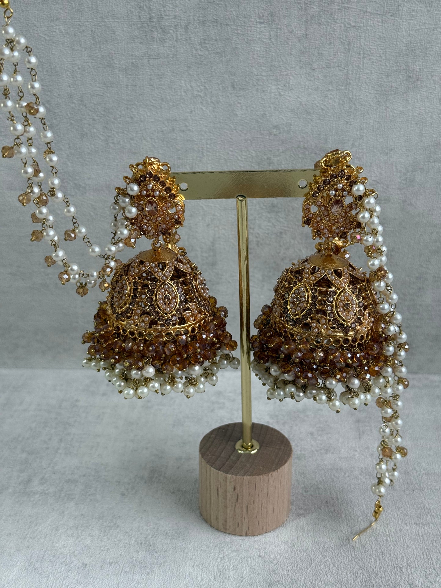 Ayura Designs Noor Set – Choker, Jhumkis with Sahare & Tikka in Champagne Gold with Pearl Detailing