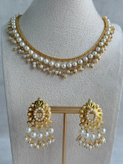 Ayura Designs Tarz Necklace Set with Earrings – Gold Pearl Layered Fringe Design with Pearl Drops