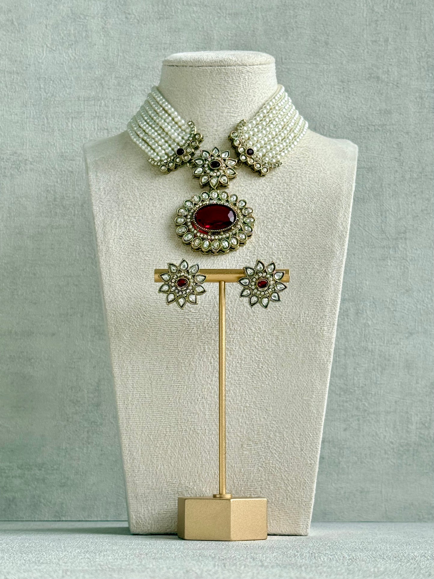 Ayura Designs Amaya Necklace Set with Studs – Antique Finish in Ruby Red Stones with Pearl Strands