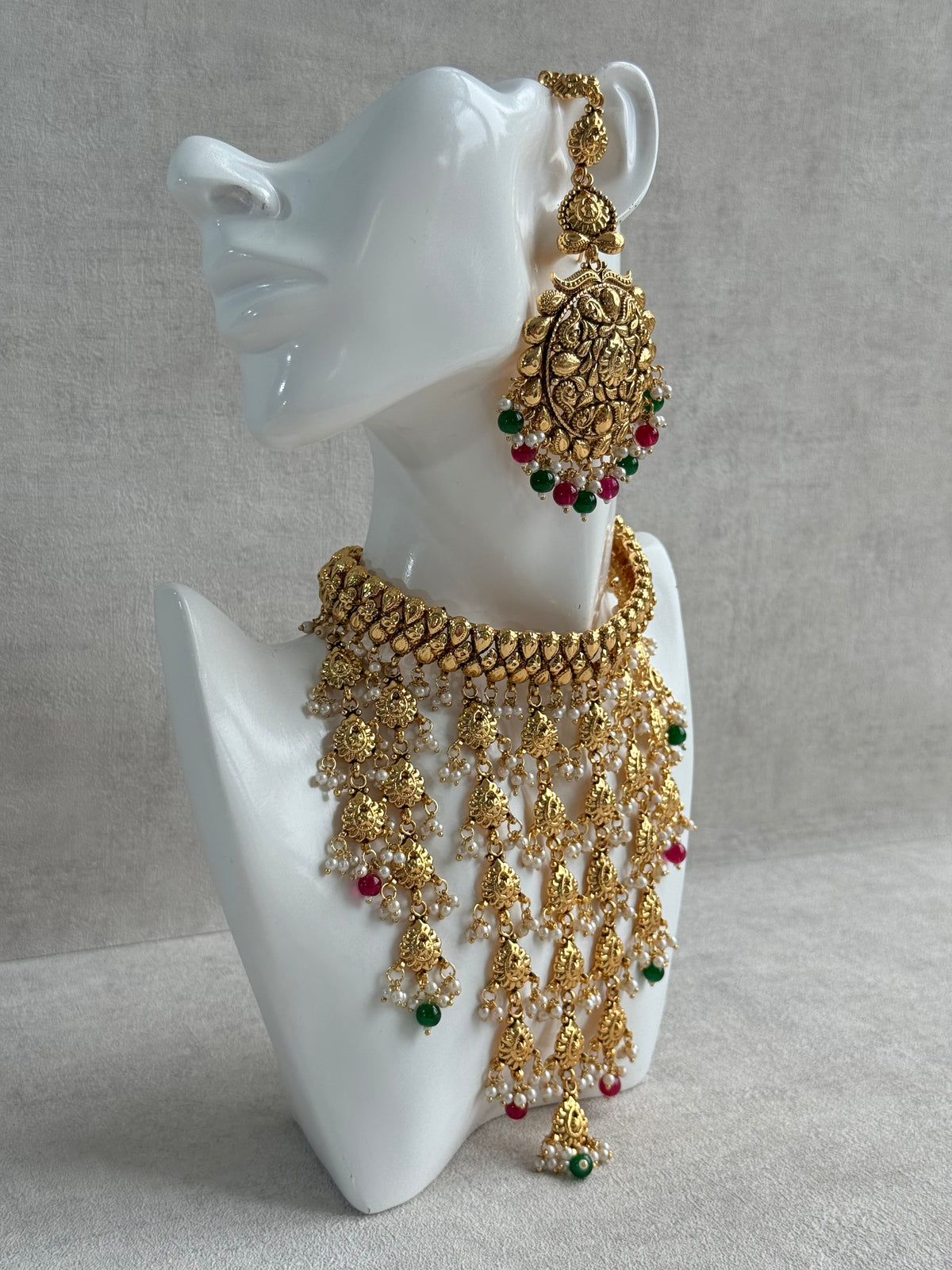 Ayura Designs Karima Choker Set with Sahare Earrings & Tikka – Waterfall Design, Rani Pink & Green Beads, Pearls & Antique Gold Finish