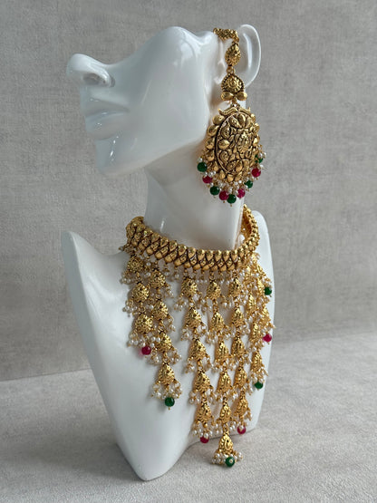 Ayura Designs Karima Choker Set with Sahare Earrings & Tikka – Waterfall Design, Rani Pink & Green Beads, Pearls & Antique Gold Finish