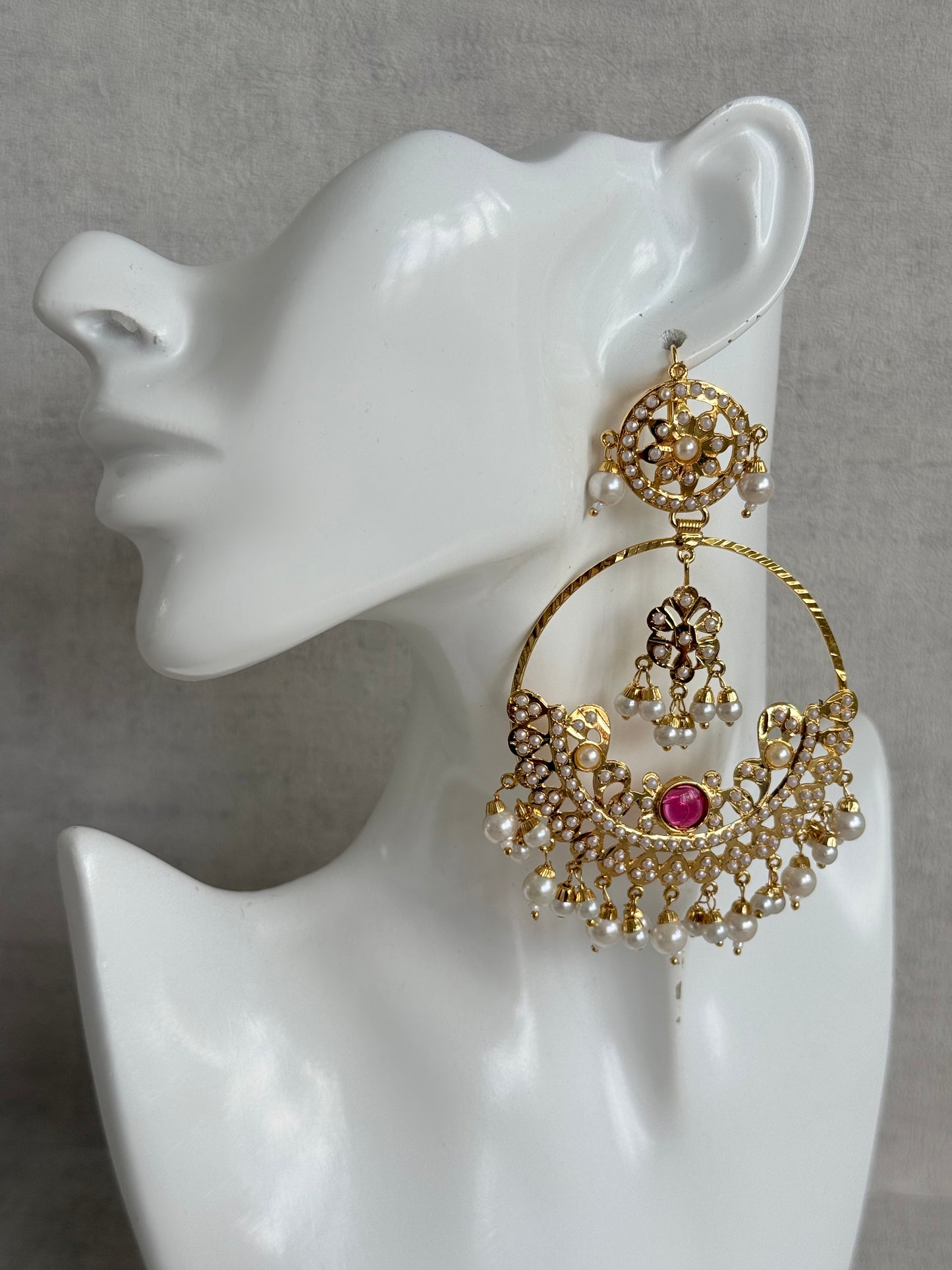 Ayura Designs Arshi Chandbalis – Gold Jadau Ruby Pink & Ivory Pearl Detailing