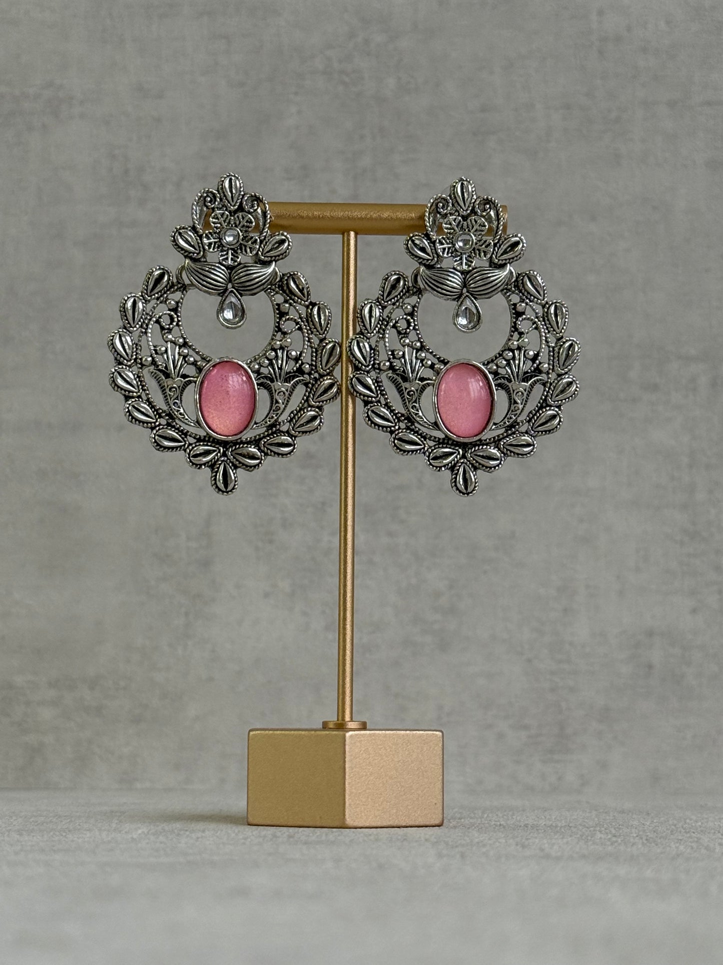 Ayura Designs Eila Earrings with Rose Pink Stone in Antique Silver Finish