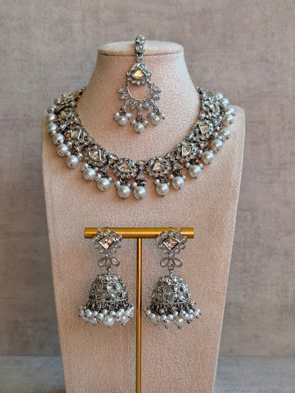 Ayura Designs Fozia Set with Necklace, Jhumkis & Tikka – Mirror-Cut Stones & Pearl Detailing in Silver Finish