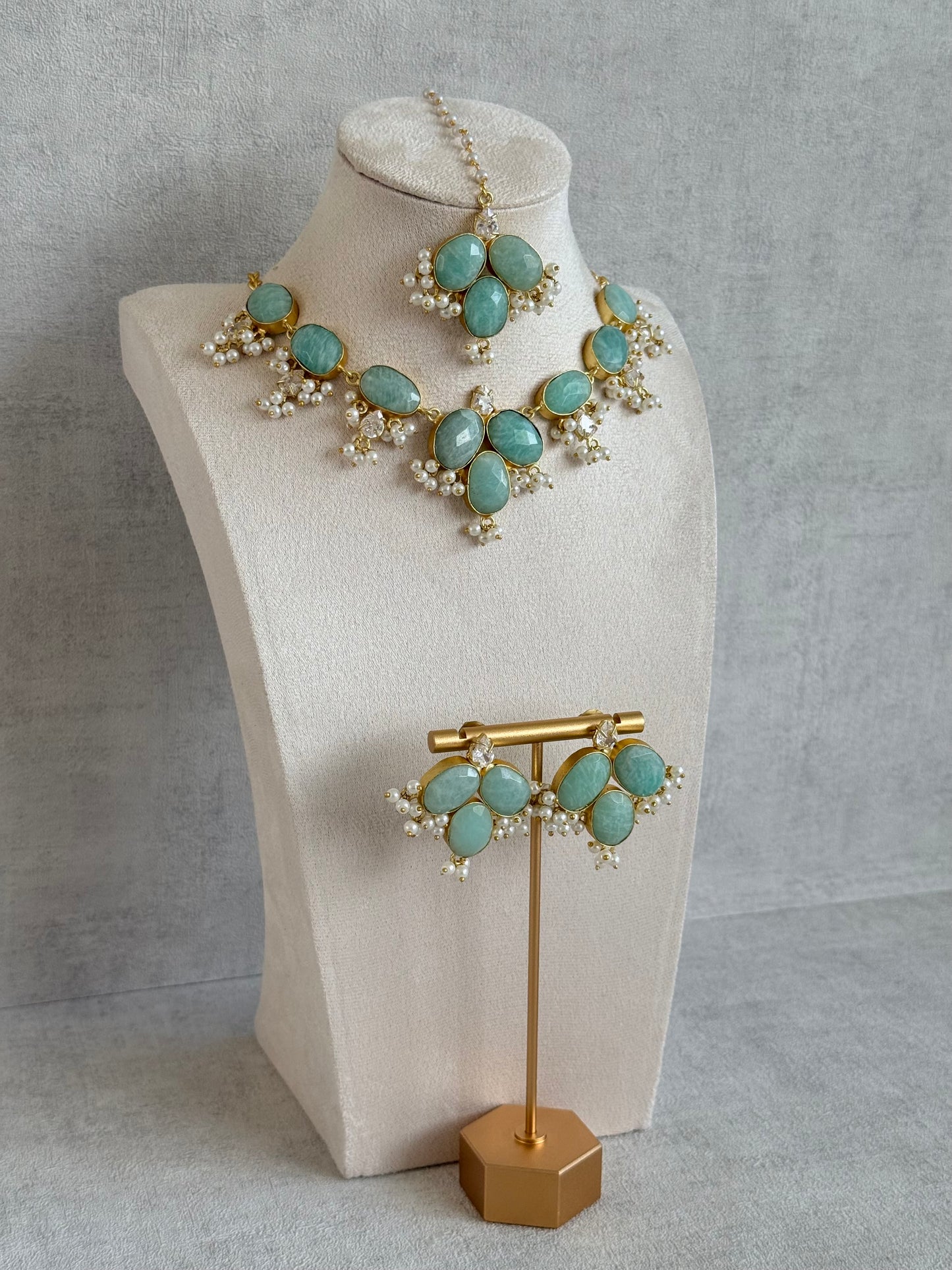 Ayura Designs Anahita Set with Tikka & Earrings – Amazonite, Crystals & Pearls