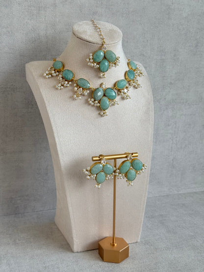 Ayura Designs Anahita Set with Tikka & Earrings – Amazonite, Crystals & Pearls