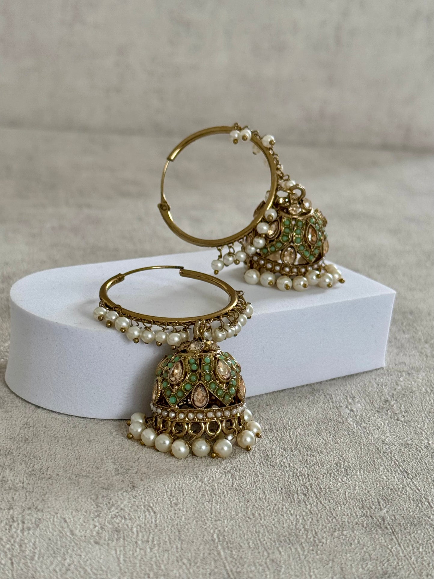 Ayura Designs Jugni Bali Jhumkas – Antique Gold with Pastel Green & Pearl Accents