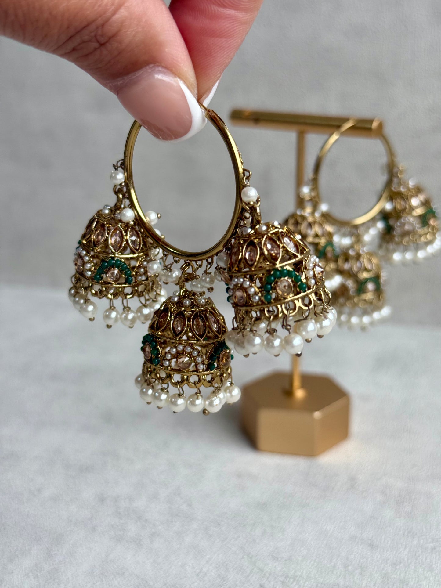 Ayura Designs Nakhra Balis – Emerald Triple Dome Earrings with Mirror-Cut Stones & Pearl Detailing