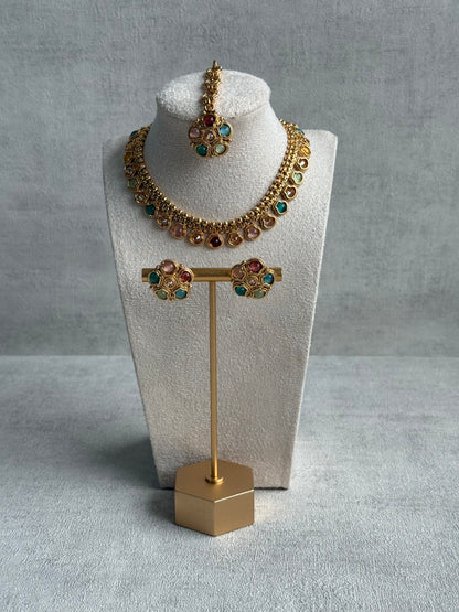 Ayura Designs Amala Set with Necklace, Studs & Tikka – Multicolour Stones & Antique Gold Finish