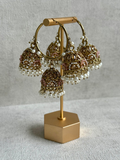 Ayura Designs Nakhra Balis – Blush Pink Triple Dome Earrings with Mirror-Cut Stones & Pearl Detailing