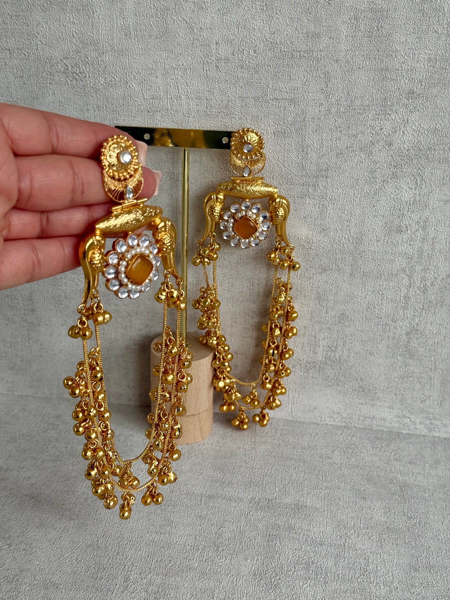 Ayura Designs Meelan Earrings – Antique Gold Earrings with Bird Motifs, Amber Stone & Ghungroo Detailing