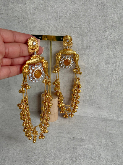 Ayura Designs Meelan Earrings – Antique Gold Earrings with Bird Motifs, Amber Stone & Ghungroo Detailing