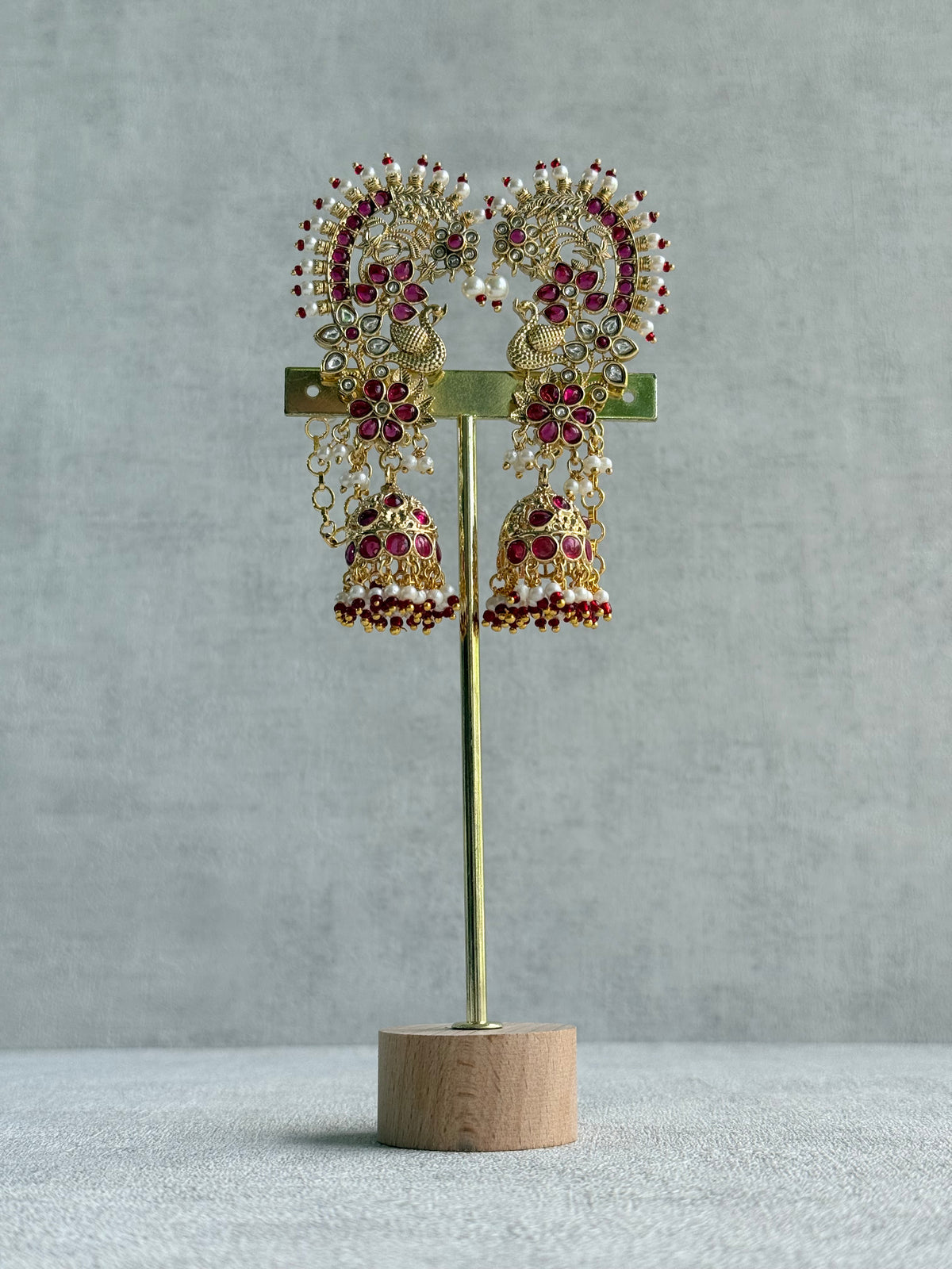 Ayura Designs Nitya Kaanphool Jhumkis – Gold Peacock Motifs, Pink Kundan & Pearl Drops with Attached Sahare