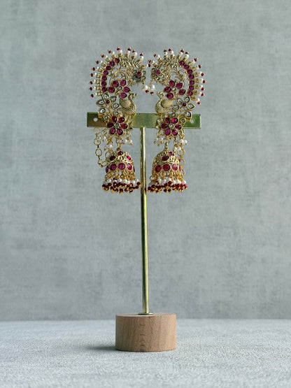 Ayura Designs Nitya Kaanphool Jhumkis – Gold Peacock Motifs, Pink Kundan & Pearl Drops with Attached Sahare
