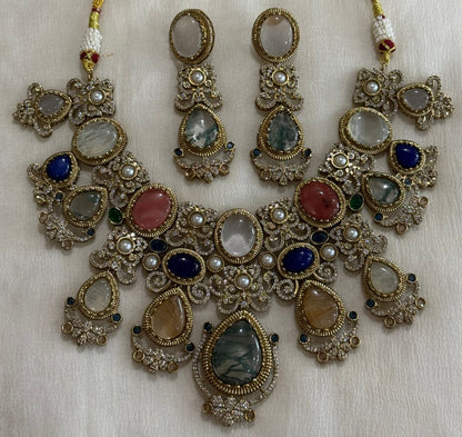 Ayura Designs Kimmy Necklace Set with Earrings – Statement Multicolour Necklace with Marble Stone Details & Crystal Work