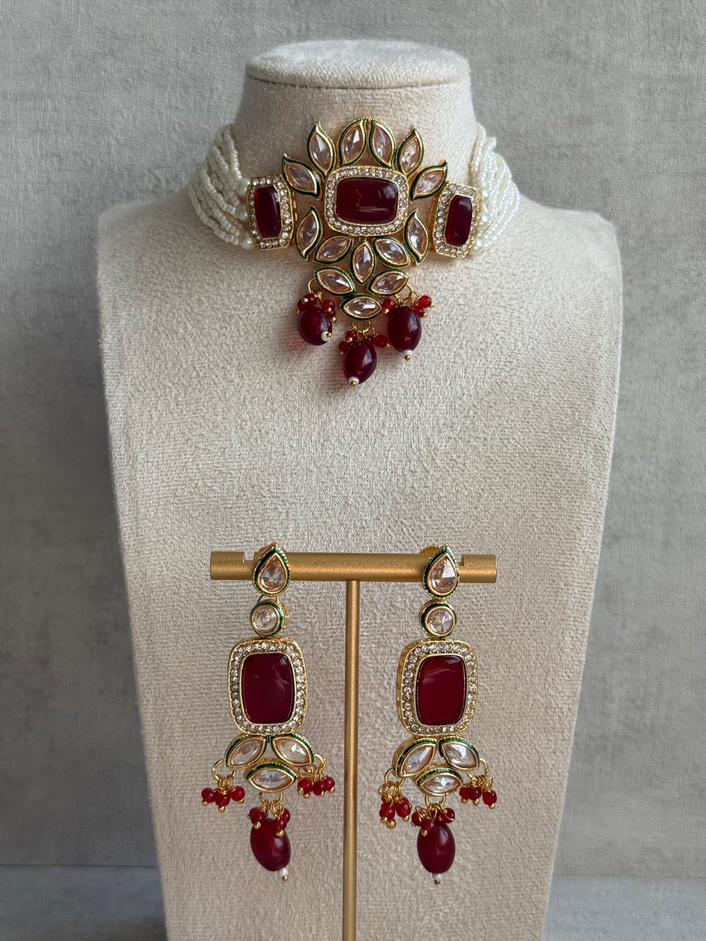 Ayura Designs Raaz Set with Necklace & Earrings – Ruby Red Stones, Kundan Detailing & Antique Gold Finish