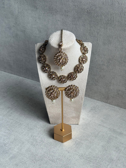 Ayura Designs Sania Set with Necklace, Earrings & Tikka – Champagne Kundan Stones & Antique Gold Finish