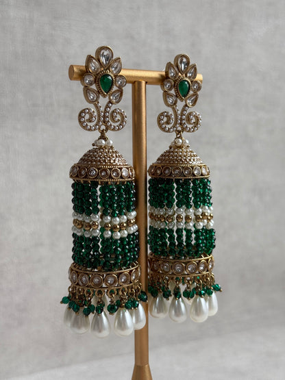 Ayura Designs Sage Earrings – Statement Jhumkis with Mirror-Cut Stones, Pearl Drops & Emerald Green Beads