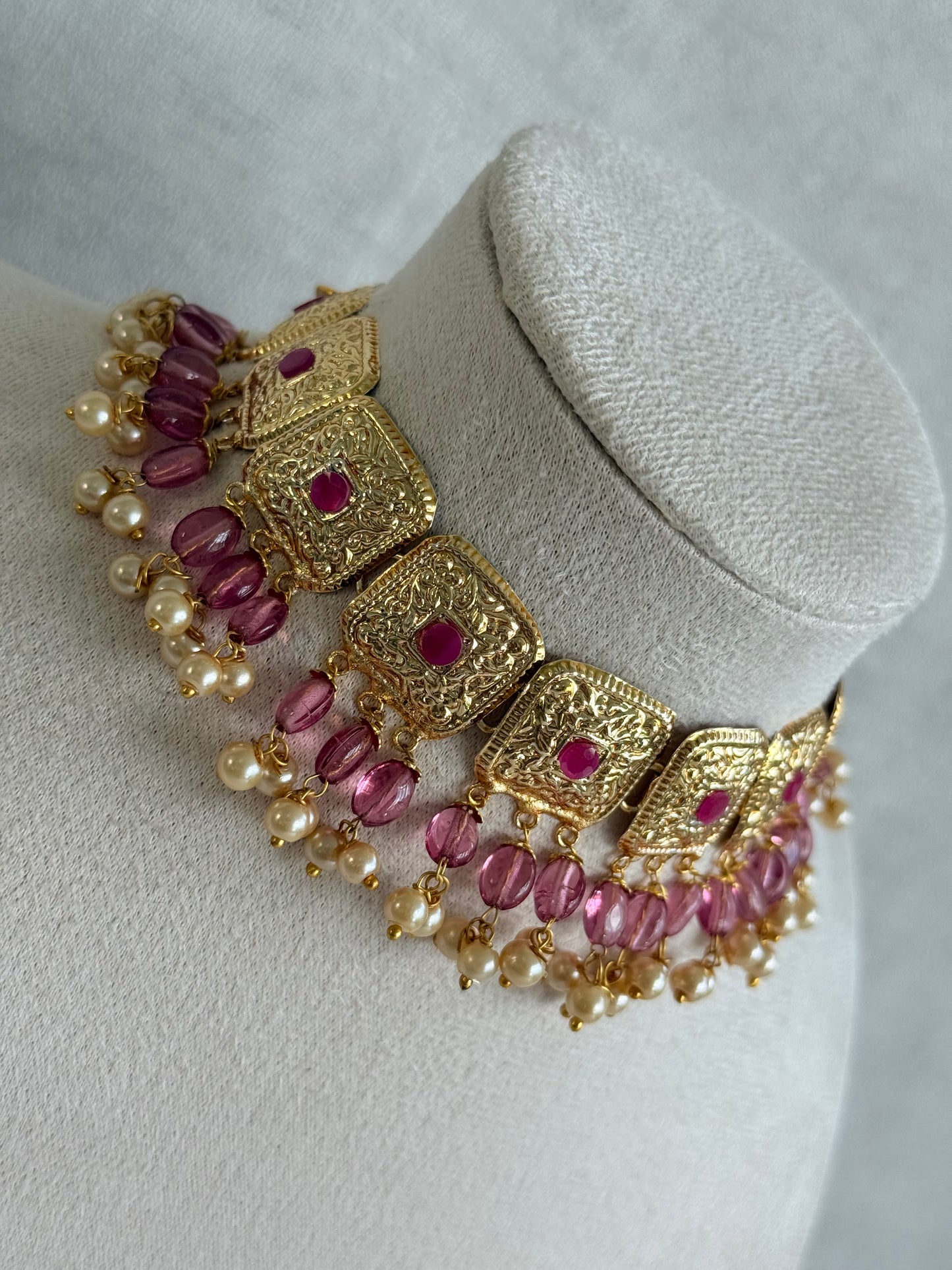 Ayura Designs Chetna Choker Set with Earrings & Tikka – Rani Pink Beads, Cream Pearl Drops with Pipal Patti Detailing
