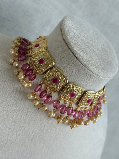 Ayura Designs Chetna Choker Set with Earrings & Tikka – Rani Pink Beads, Cream Pearl Drops with Pipal Patti Detailing